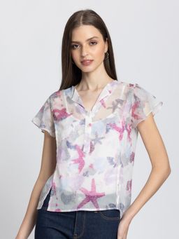 SHAYE - Pink Spread Collar Printed Short Sleeves Casual Top with Camisole (Set of 2)