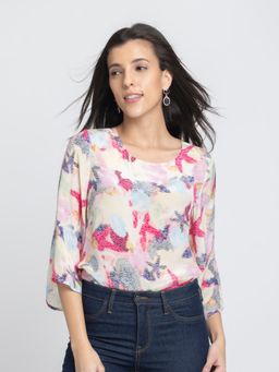 SHAYE - White Scoop Neck Printed Three-Quarter Sleeves Casual Top