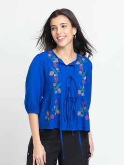 SHAYE - Cobalt Blue Round Neck Embroidered Three-Quarter Sleeves Casual Top