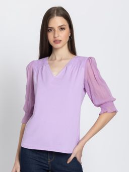 SHAYE - Lavender V-Neck Solid Three-Quarter Sleeves Casual Top