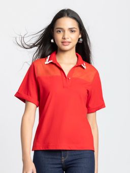 SHAYE - Red Embroidered Shirt Collar Short Sleeves Casual Top
