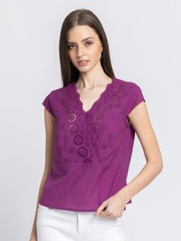 SHAYE - Purple V-Neck Embroidered Short Sleeves Casual Top