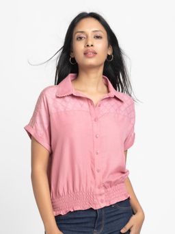 SHAYE - Dusty Pink Shirt Collar Textured Short Sleeves Casual Top