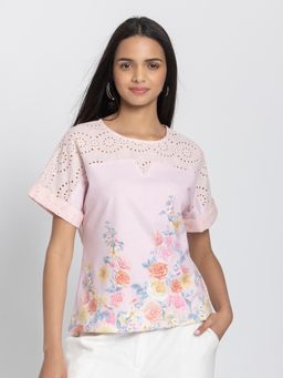SHAYE - Light Pink Round Neck Floral Print Short Sleeves Casual Top