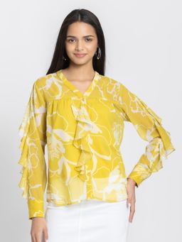 SHAYE - Yellow V-Neck Floral Print Full Sleeves Casual Top with Camisole (Set of 2)