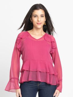 SHAYE - Dusty Rose Pink V-Neck Solid Full Sleeves Casual Top with Cami (Set of 2)