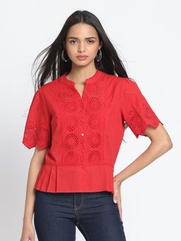 SHAYE - Red Mandarin Self Design Short Sleeves Casual Top