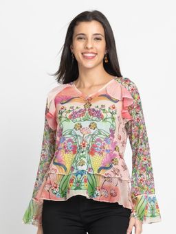 SHAYE - Peach V-Neck Floral Print Full Sleeves Casual Top with Camisole (Set of 2)