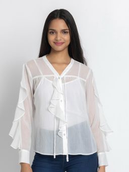 SHAYE - White V-Neck Solid Full Sleeves Casual Top with Camisole (Set of 2)