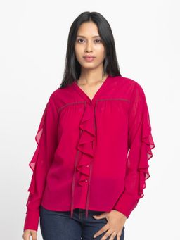 SHAYE - Pink V-Neck Solid Full Sleeves Casual Top