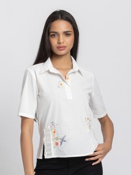 SHAYE - White Solid Shirt Collar Embroidered Short Sleeves Casual Top