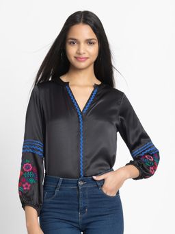 SHAYE - V-Neck Black Embroidered Long Sleeves Casual Top