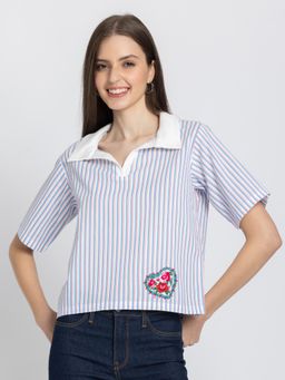 SHAYE - White Shirt Collar Stripe Print Short Sleeves Casual Top