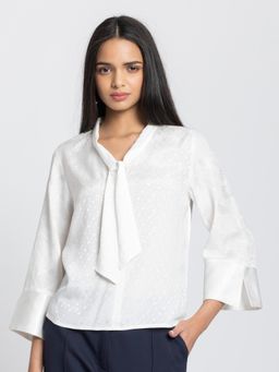 SHAYE - White V-Neck Solid Three-Quarter Sleeves Casual Top
