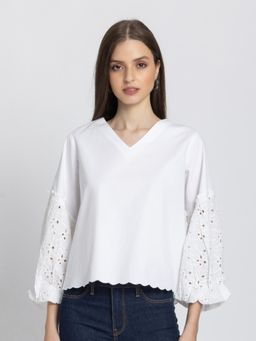 SHAYE - White V-Neck Solid Full Sleeves Casual Top