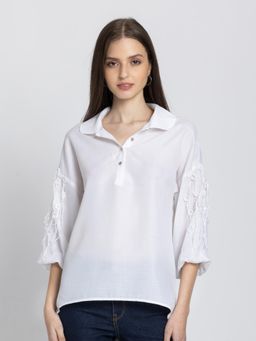 SHAYE - White Shirt Collar Embroidered Three-Quarter Sleeves Casual Top