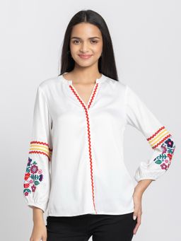SHAYE - White Embroidered V-Neck Full Sleeves Casual Top