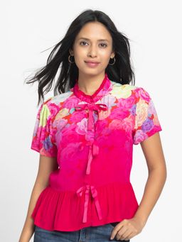 SHAYE - Pink Round Neck Floral Print Short Sleeves Casual Top