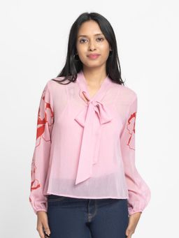 SHAYE - Pink Tie Up Neck Printed Long Sleeves Casual Top with Camisole (Set of 2)