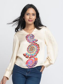 SHAYE - Beige V-Neck Printed Full Sleeves Casual Top