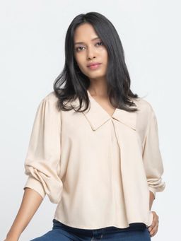 SHAYE - Beige Peter Pan Collar Solid Full Sleeves Casual Top