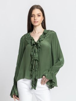 SHAYE - Olive Green V-Neck Solid Full Sleeves Casual Top