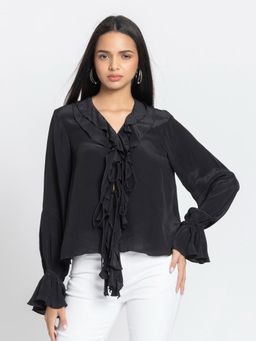 SHAYE - Black V-Neck Solid Full Sleeves Casual Top