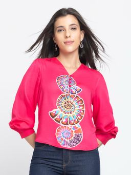 SHAYE - Fuchsia V-Neck Printed Full Sleeves Casual Top