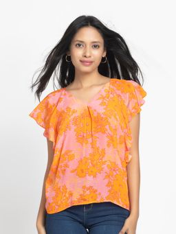 SHAYE - Orange V-Neck Floral Print Short Sleeves Casual Top