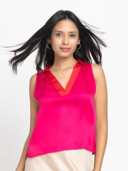 SHAYE - Fuchsia Collar Neck Solid Sleeveless Casual Top