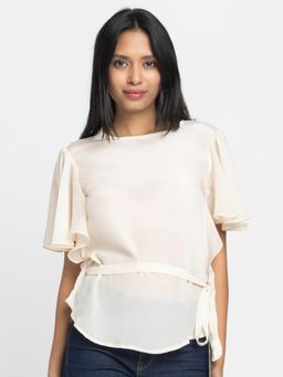 SHAYE - Beige Boat Neck Solid Short Sleeves Casual Top