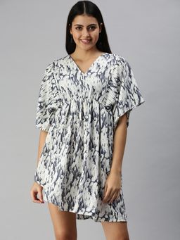 SHOWOFF - Women Off White Abstract V-Neck Dress