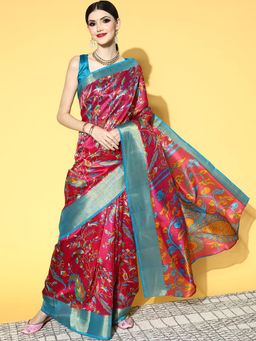 Odette - Cotton Linen Pink Printed Designer Saree with Unstitched Blouse