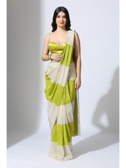 Masumi Mewawalla - Pre Draped Lime Green Color Block Saree with Embroidered Stitched Blouse