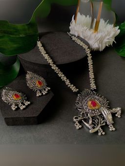 I Jewels - Stylish Silver Oxidised Krishna Murli And Feather Long Necklace Set