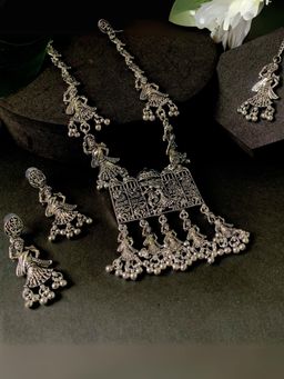 I Jewels - Silver Oxidised with Peacock And Elephant Design Long Necklace Jewellery Set