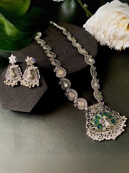 I Jewels - Silver Oxidised Peacock Feather Ghungroo Long Necklace Jewellery Set