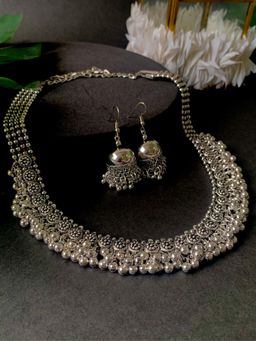 I Jewels - Silver Oxidised Floral Design Ghungroo Long Necklace Set
