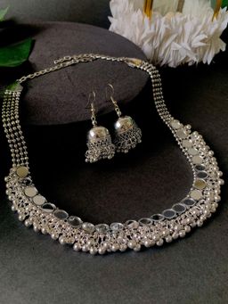I Jewels - Silver Oxidised Mirror Work Ghungroo Necklace Set