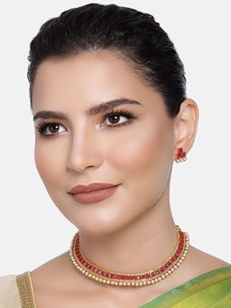 I Jewels - Gold Plated Traditional Red Choker Necklace Jewellery Set