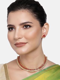 I Jewels - Gold Plated Traditional Red Choker Necklace Jewellery Set