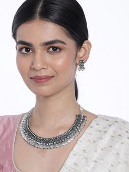 I Jewels - Silver Oxidised Traditional Style Coin Necklace with Earrings