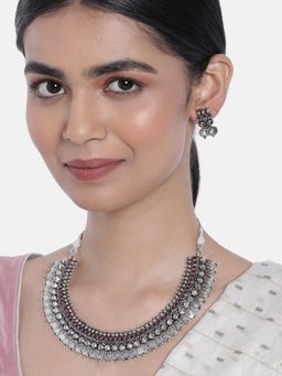 I Jewels - Silver Oxidised Traditional Style Coin Necklace with Earrings