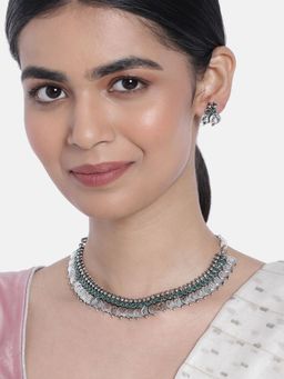 I Jewels - Oxidised Traditional Style Coin Necklace with Earrings