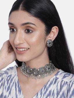 I Jewels - Oxidized Silver Afghani Choker Necklace Jewellery Set