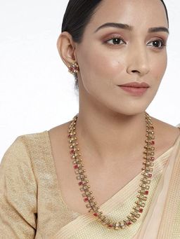 I Jewels - Gold Plated Traditional Stylish Multicolour Stone Work Long Necklace Set