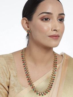 I Jewels - Gold Plated Traditional Stylish Multicolour Stone Work Long Necklace Set