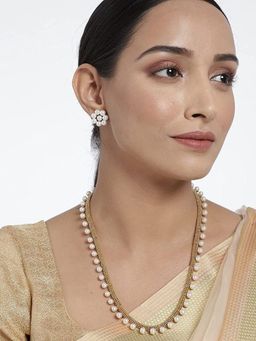 I Jewels - Gold Plated Traditional Stylish White Stone Work Long Necklace Set