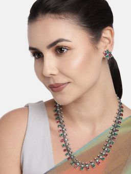 I Jewels - Rhodium Plated Traditional Stylish Pearl Work Long Necklace with Earrings