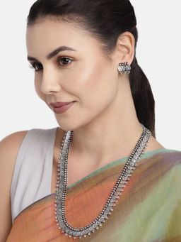 I Jewels - Silver Oxidised Traditional Style Coin Necklace with Earrings